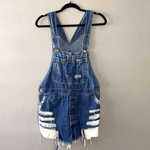Big Smith Denim Bib Overall Shorts Womens S Blue Distressed Raw Hems Shortalls‎